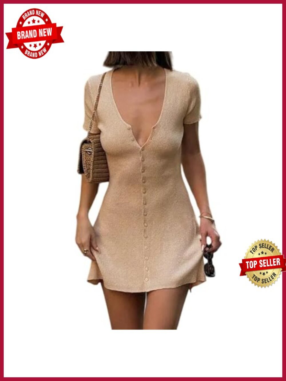 Sexy Deep V Neck Button Front Knit Mini Dress Short Sleeve Ribbed A-Line